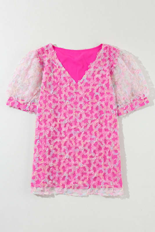 Bonbon Flowery Mesh Short Puff Sleeve Blouse