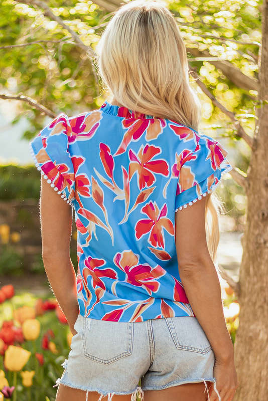 Sky Blue Floral Print V Neck Pompom Trim Flutter Sleeve Blouse