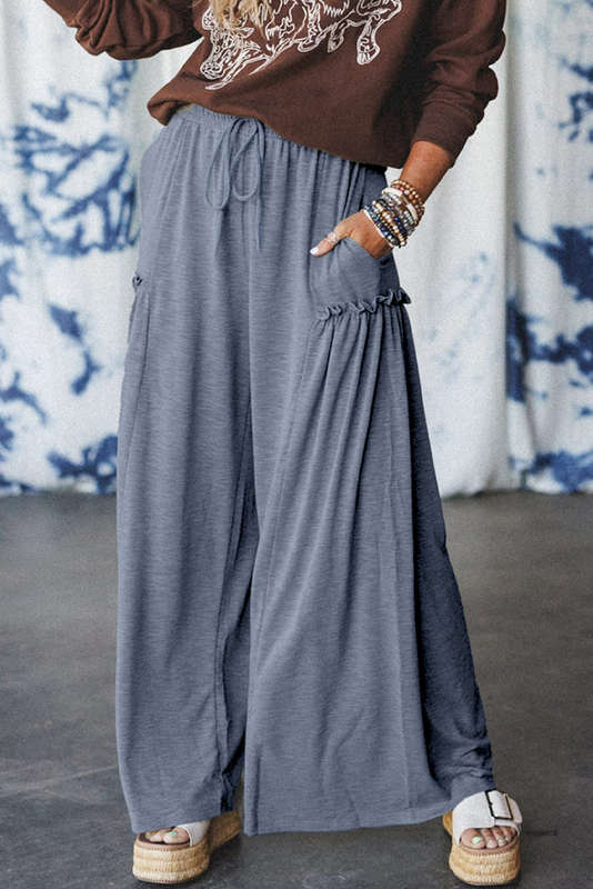 High Frilled Detail Wide Leg Drawstring Elastic Waistband Pants