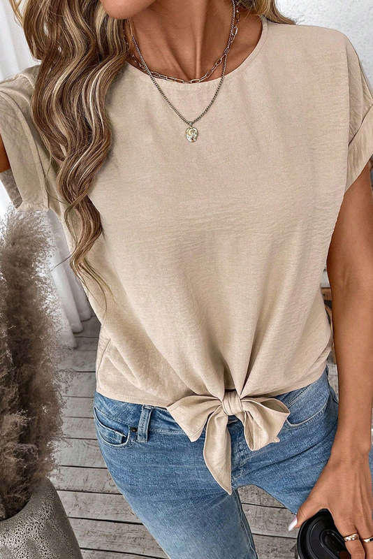 Parchment Solid Color Knotted Hem Short Sleeve Blouse