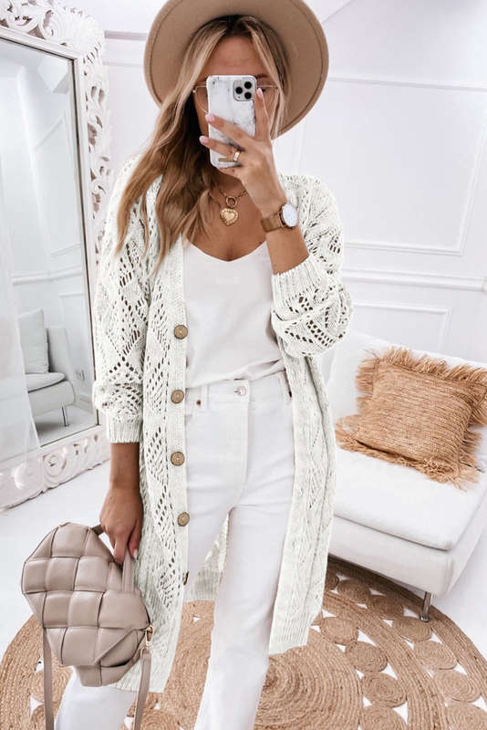 White Hollow-out Openwork Knit Cardigan