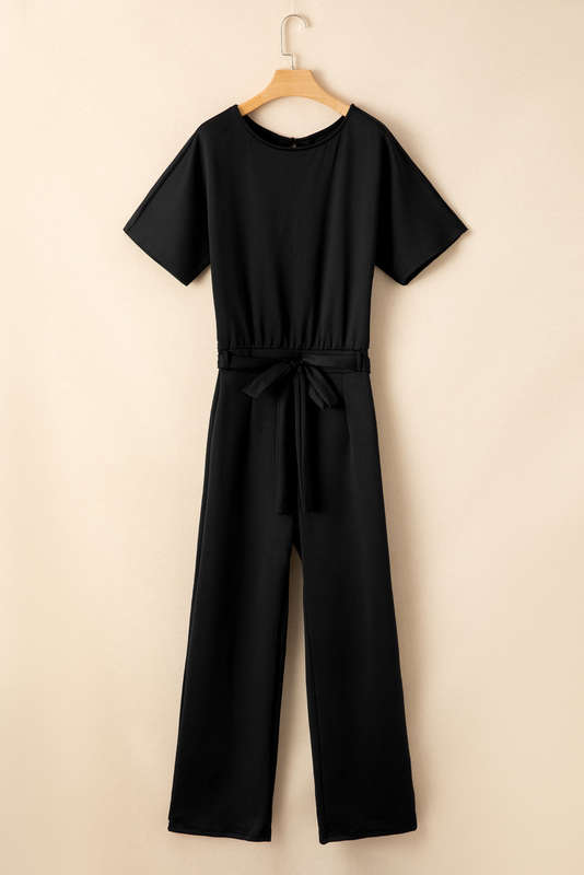 Black Dolman Sleeve Belted Straight Leg Jumpsuit