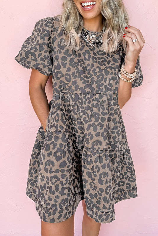 Brown Denim Leopard Printed Short Puff Sleeve Mini Dress