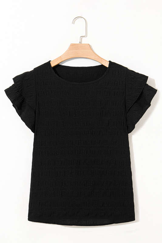 Black Textured Ruffled Sleeve Round Neck Top