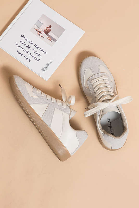 Beige PU Leather Suede Patched Lace-up Flat Shoes