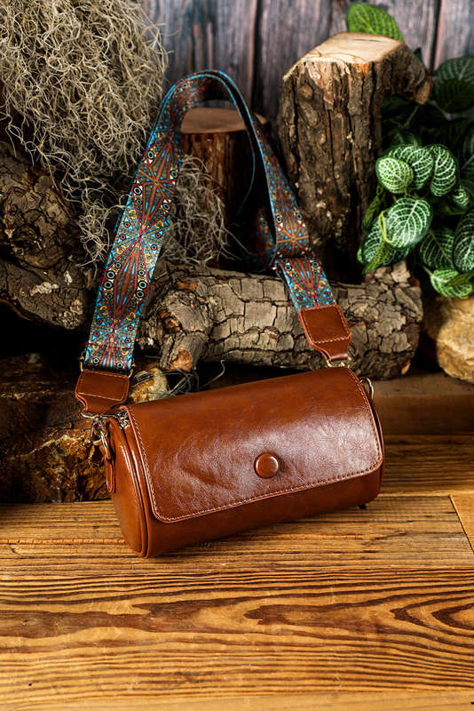 Chestnut PU Leather Flap Shoulder Bag with Retro Print Wide Strap