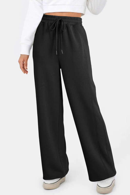 Black Scuba Drawstring Elastic Waistband Solid Color Sweatpants