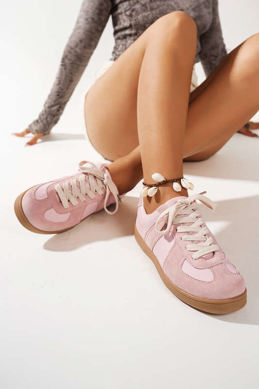 Pink Two Tone Faux Suede Leather Patched Lace-up Sneakers