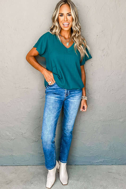 Blue V-Neck Knitted Summer Top with Exposed Seams