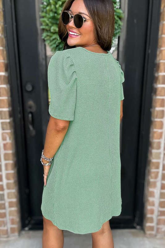 Green Knitted V-Neck Casual Top with Raw Seam Detail