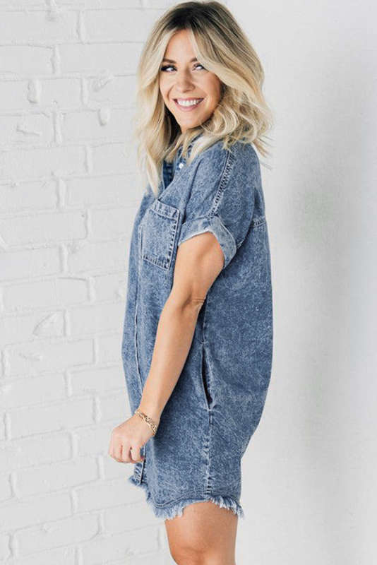 Blue V-Neck Knitted Summer Top with Exposed Seams