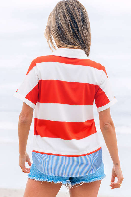 Red Stripe Collar V Neck Cuffed Dolman Short Sleeve Top