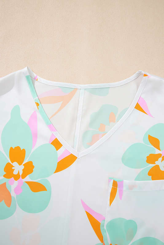 Green Floral Print Loose Fit V Neck Half Sleeve Blouse