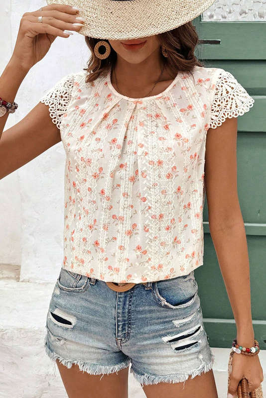 Pink Floral Print Embroidery Detail Crochet Cap Sleeve Blouse