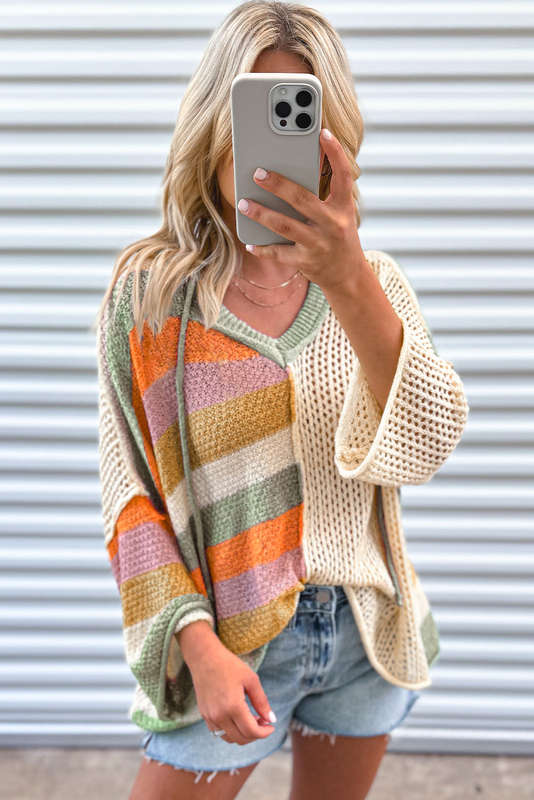 Beige Oversized Colorblock V Neck Hooded Sweater
