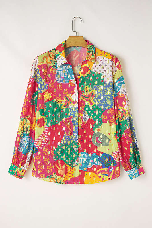 Rose Red Colorblock Abstract Print Button up Loose Shirt