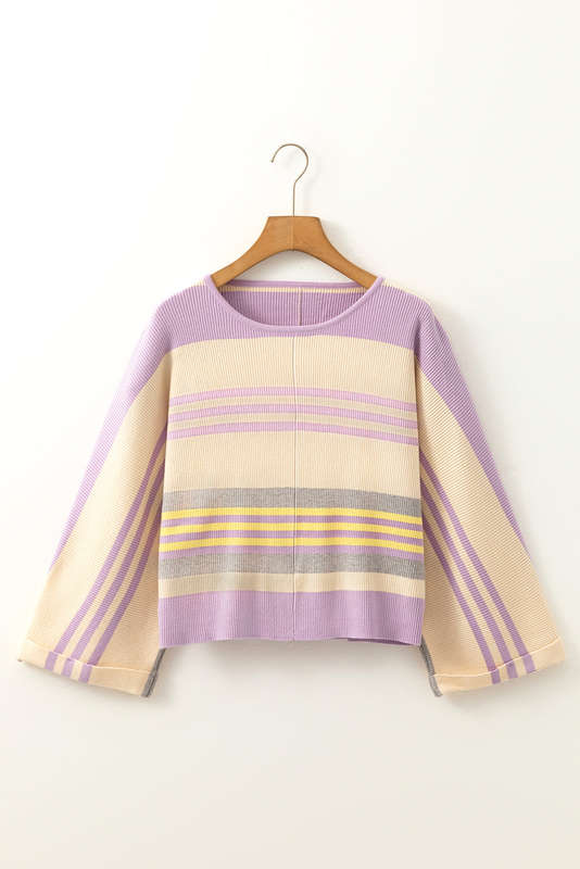 Purple Stripe Borderline Rib Knit Cuffed Dolman Sleeve Sweater