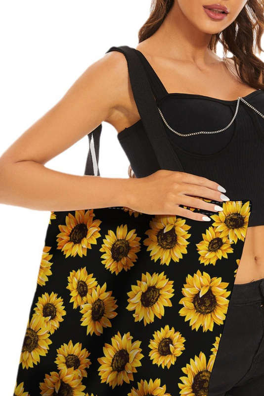Black Sunflower Digital Print Canvas Tote Bag