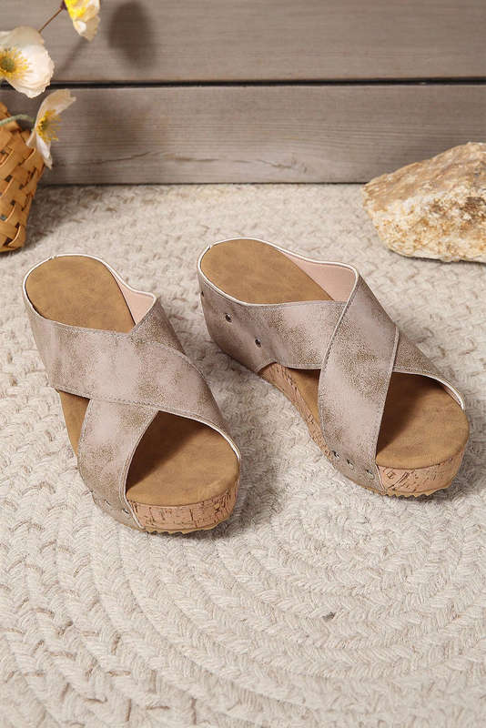 Gray Criss Cross Cut Out PU Leather Wedge Slippers