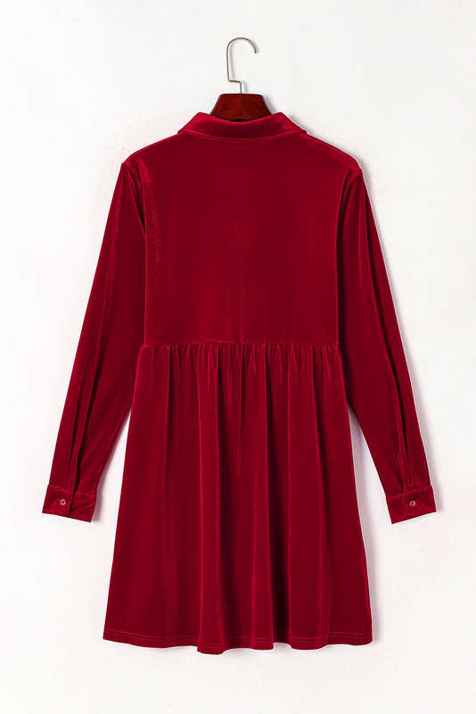 Red Long Sleeve Ruffle Velvet Button Up Dress