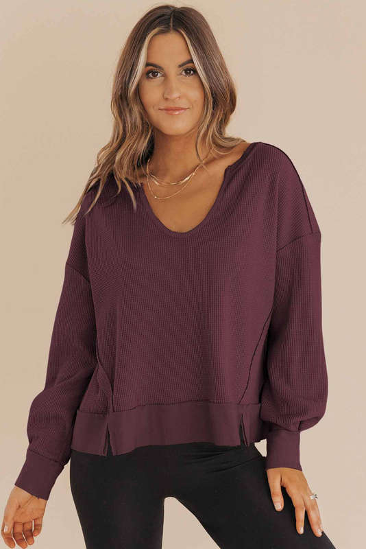 Casual Waffle Knit Notched V Neck Drop Shoulder Solid Sweatshirt