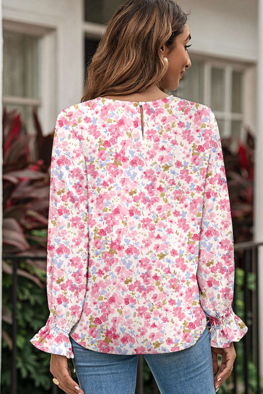 Red Floral Print Sweet Lantern Long Sleeve Blouse