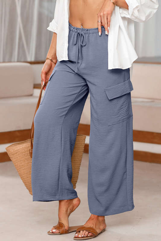 Dark Grey Drawstring Frilled Elastic Waistband Wide Leg Utility Trousers
