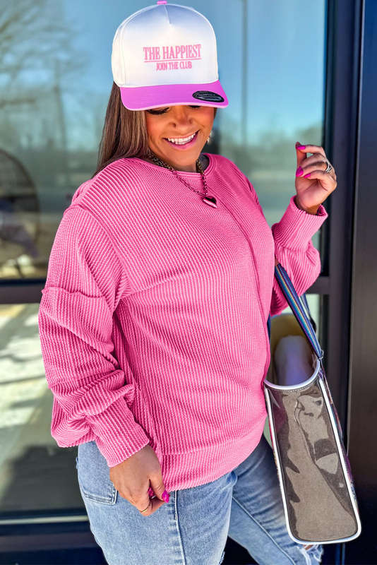 Bonbon Spiral Ribbed Exposed Seam Detail Plus Size Long Sleeve Top