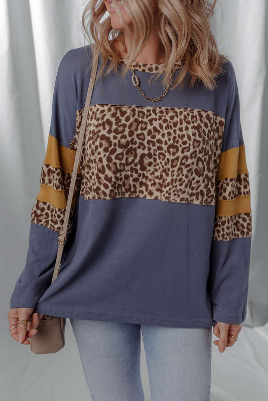 Dark Blue Leopard Colorblock Patchwork Long Sleeve Drop Shoulder Top