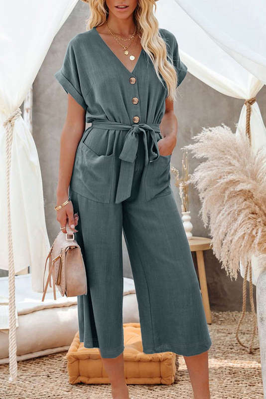 Blue Dolman Button Belted V Neck Wide Leg Pocketed Jumpsuit