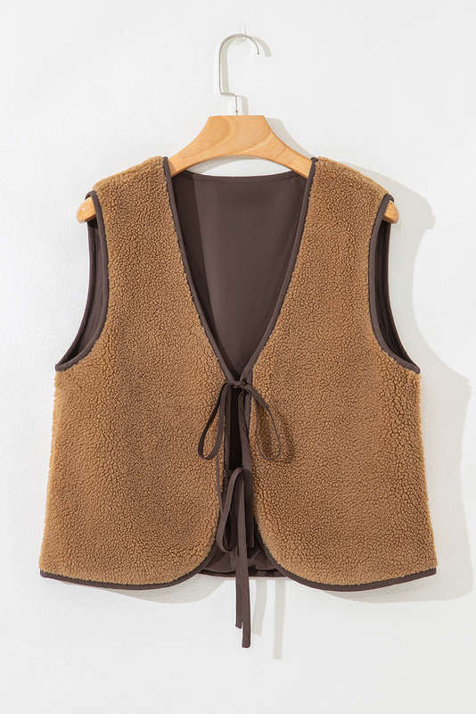 Light French Beige Contrast Trim Tie Front Sherpa Vest