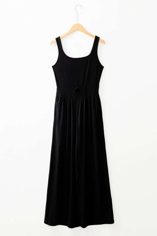 Black Peekaboo Wide Leg Square Neck Sleeveless Jumpsuit