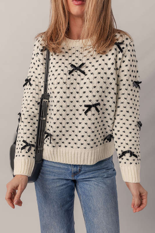 Beige Bow Decor Color Contrast Ribbed Edge Crew Neck Sweater