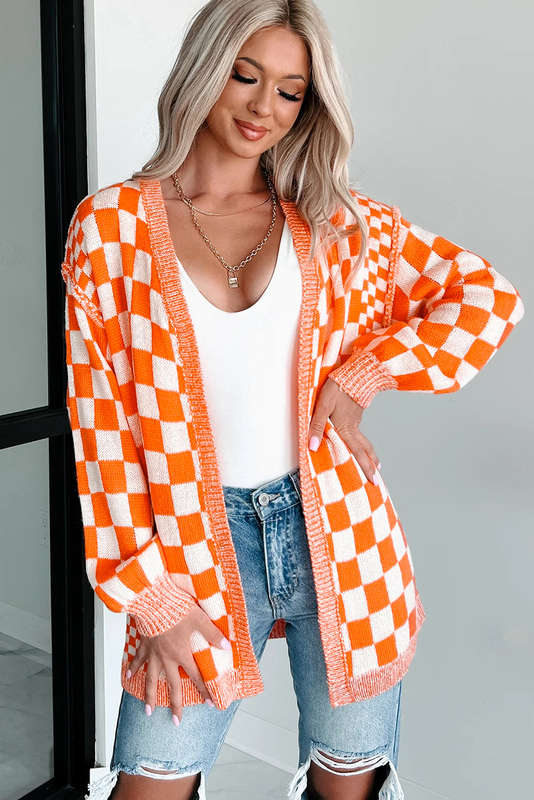 Orange Checkered Open Front Drop Shoulder Cardigan