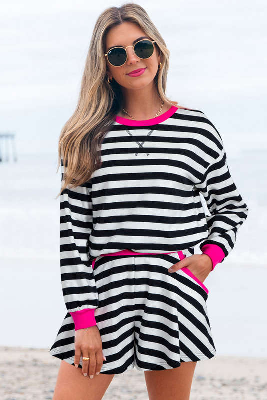 Black Stripe Contrast Ribbed Banding Long Sleeve Blouse Loose Shorts Set