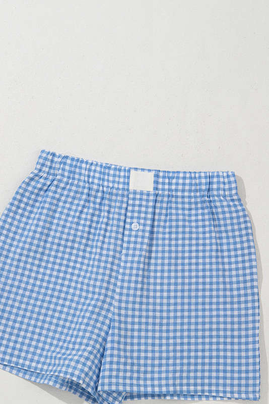blue Red Plaid Gingham Printed High Waist Shorts