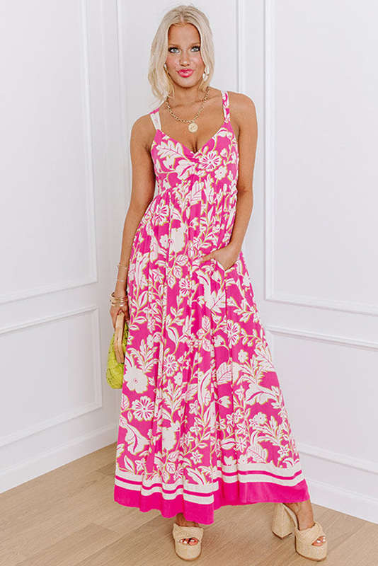 Rose Floral V Neck Crisscross Backless Maxi Dress