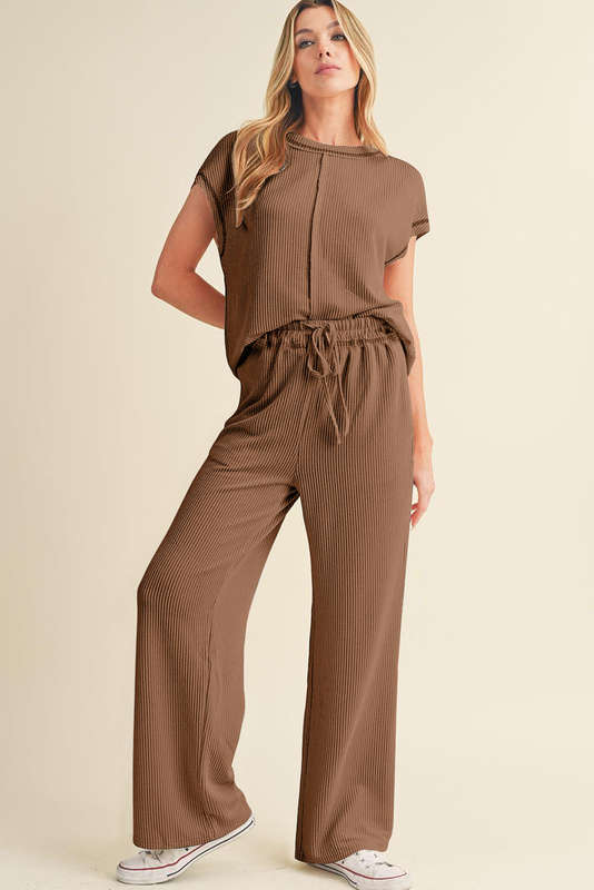 Coffee Solid Color Corded Short Sleeve Top and Casual Pants Set