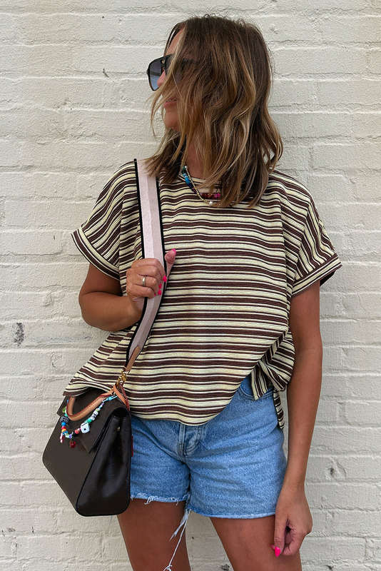 Brown Stripe Textured Side Slits Crew Neck T Shirt