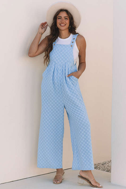 Beau Blue Checkered Pocketed High Waist Wide Leg Overall