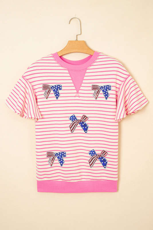Sachet Pink Sequined American Flag Bow Patched Striped Ruffled Sleeve Blouse