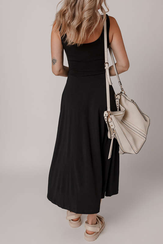 Black Sleeveless Scoop Neck Flared Split Midi Dress