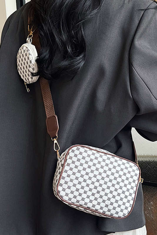 White Checkered Print PU Leather Shoulder Bag with Coin Wallet