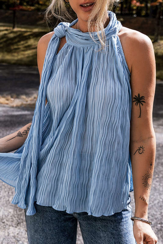 Myosotis Textured Pleated Tied Mock Neck  Flowy Tank Top