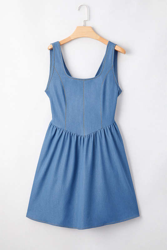Myosotis Square Neck Pleated Waist V Cut Backless Tied Fit and Flare Dress