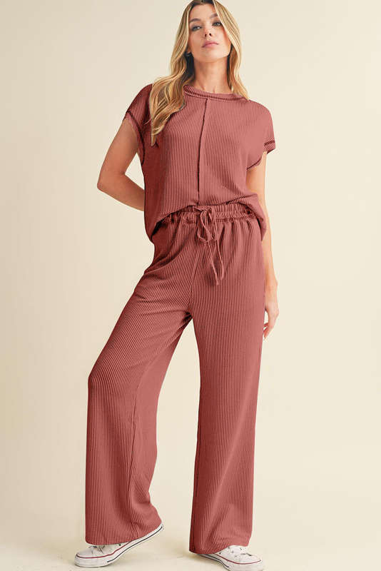 Mineral Red Solid Color Corded Short Sleeve Top and Casual Pants Set