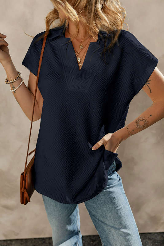 Navy Blue Textured V Neck Collared Short Sleeve Top