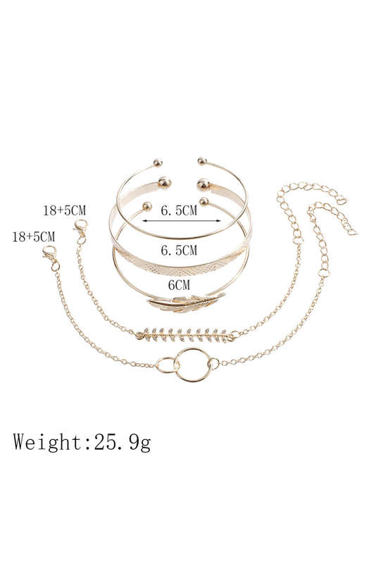 Gold Leaves Retro Pattern Adjustable Plated 5Pcs Bracelet Set
