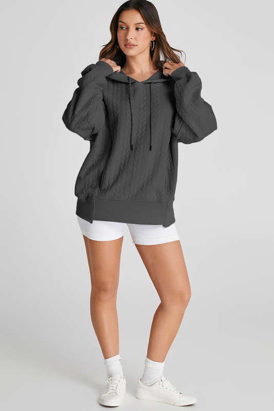 Gray Cable Textured Baggy Solid Hoodie