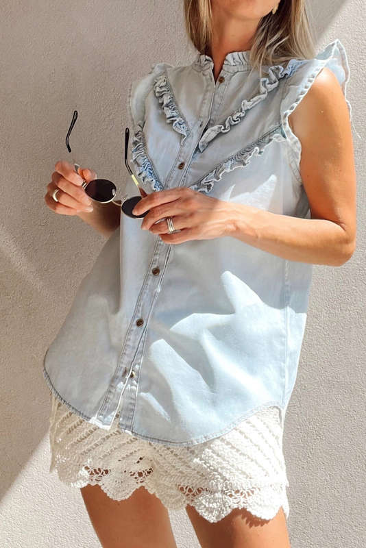 Beau Blue Mineral Wash Cap Sleeve Frilled Button Up Denim Shirt